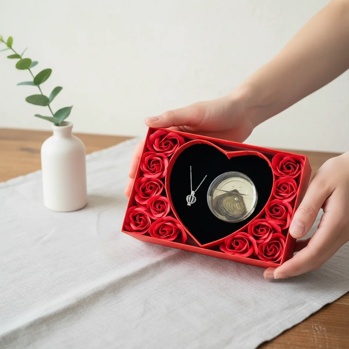 Love Rose Pearl Necklace Set Heart Shape Gift Box